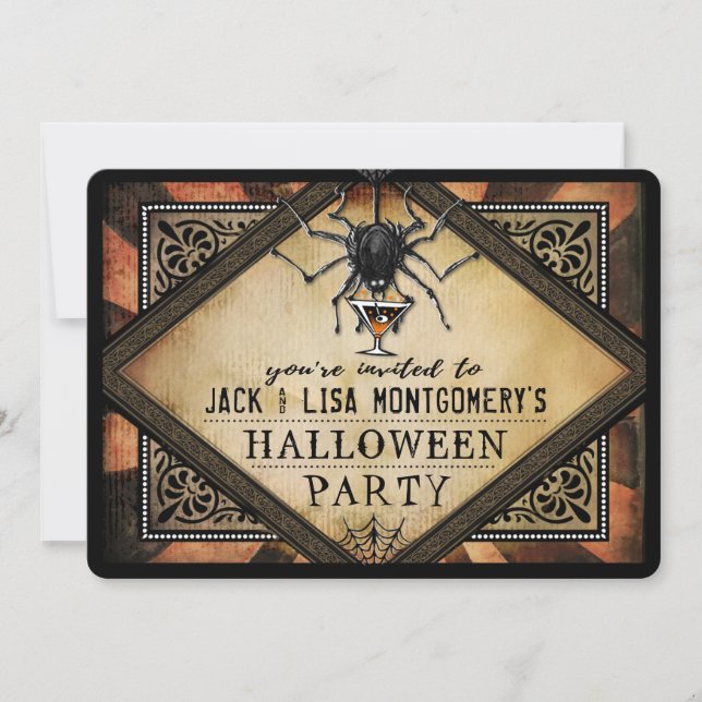 Invitación Fiesta de disfraces Naranja Black Spider Cocktail  (Anverso)