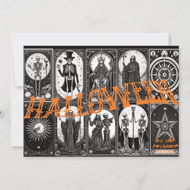 Invitación Fiesta de disfraces naranja de Tarot de Halloween  (Anverso)