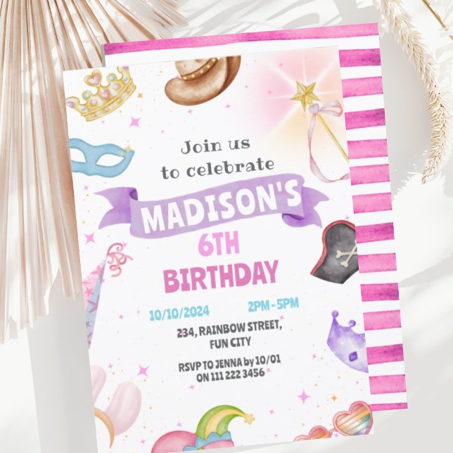 Invitación Fiesta de disfraces niños Chica rosa Cumpleaños (Costume Party Kids Dress Up Birthday Invitation)