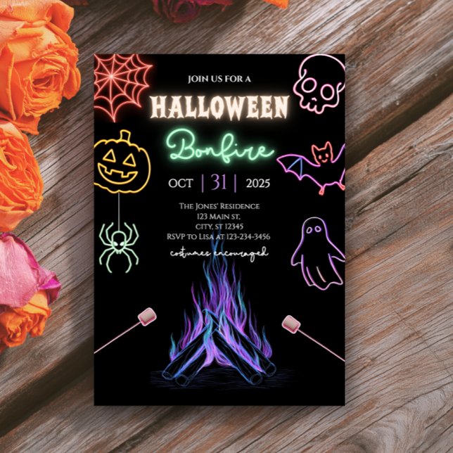 Invitación Fiesta de disfraces nocturnos de Neon Spooky Bonfi (Subido por el creador)