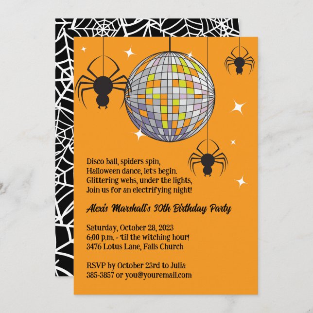 Invitación Fiesta de disfraces retro de Naranja Spiders de Ha (Anverso / Reverso)