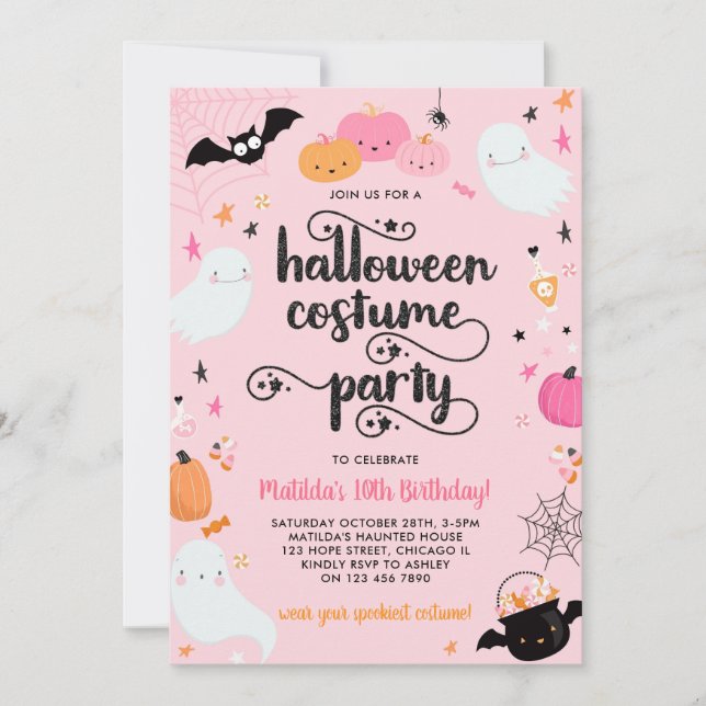 Invitación Fiesta de disfraces rosados de Halloween Chica esp (Anverso)