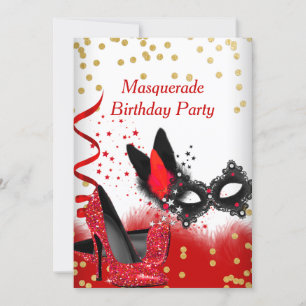 Invitación Fiesta de Disfraces Tacones Rojos Máscara Negra de