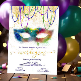 Invitación Fiesta de disfraz de acuarela de arcoíris de Mardi