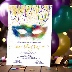 Invitación Fiesta de disfraz de acuarela de arcoíris de Mardi