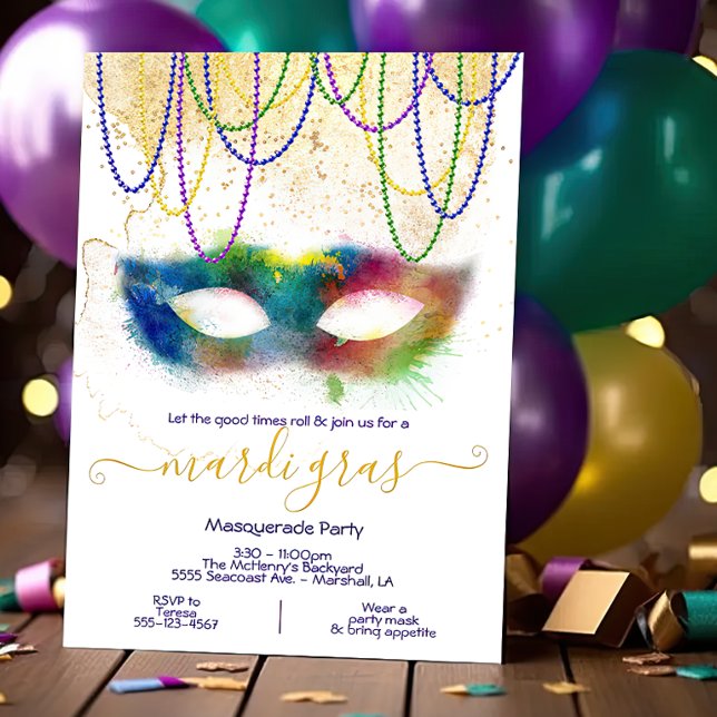 Invitación Fiesta de disfraz de acuarela de arcoíris de Mardi (Subido por el creador)