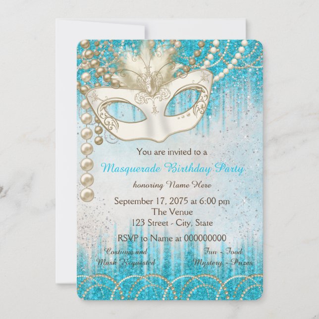 Invitación Fiesta de disfraz de aguamarina azul perla (Anverso)