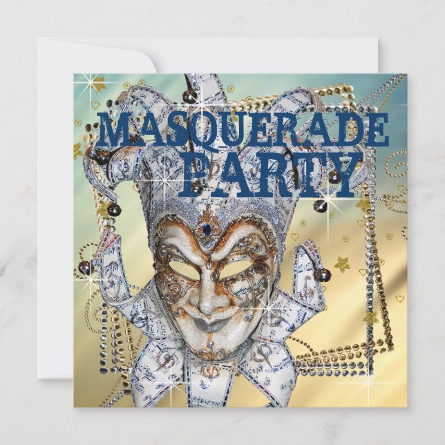 Invitación Fiesta de disfraz de azul plateado y oro (Anverso)