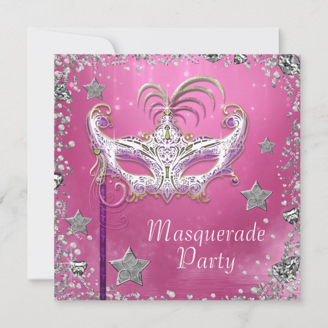 Invitación Fiesta de disfraz de confeti plateado rosa y negro (Anverso)