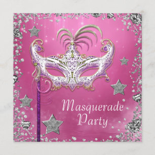 Invitación Fiesta de disfraz de confeti plateado rosa y negro
