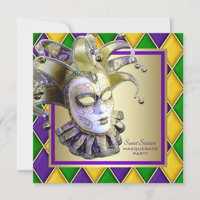 Invitación Fiesta de disfraz de Mardi Gras del arlequín (Anverso)