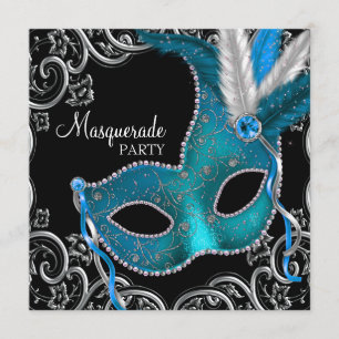 Invitación Fiesta de disfraz de máscara azul turquesa negro