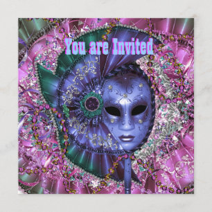 Invitación Fiesta de disfraz de máscara púrpura verde