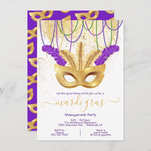 Invitación Fiesta de disfraz de oro de Mardi Gras (Anverso / Reverso)