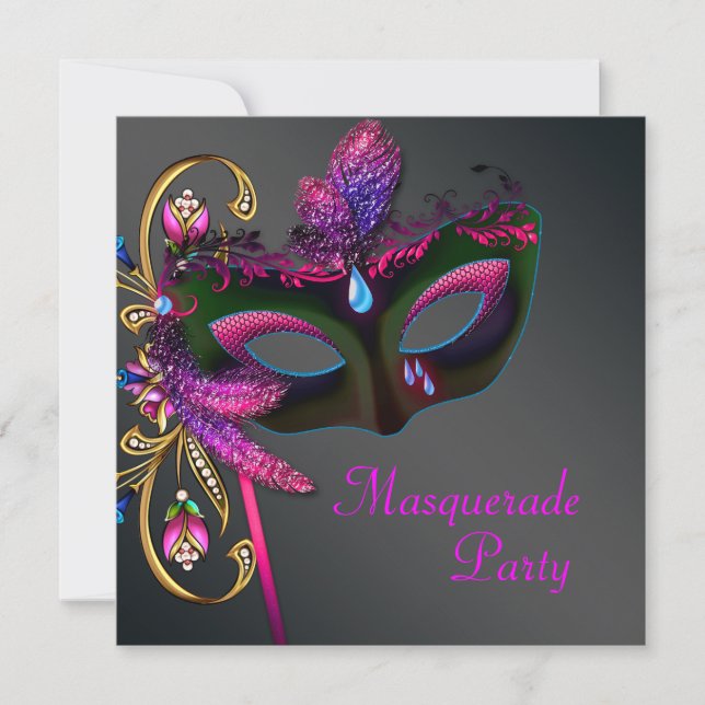 Invitación Fiesta de disfraz de oro negro rosa caliente (Anverso)