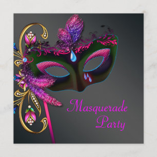 Invitación Fiesta de disfraz de oro negro rosa caliente