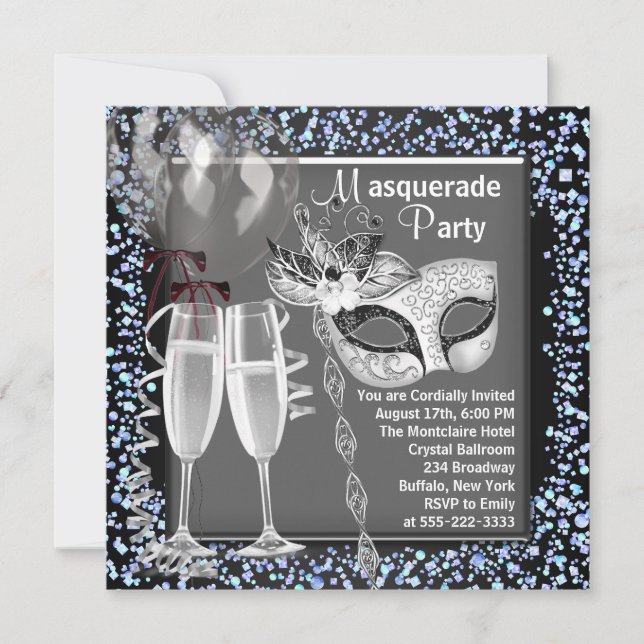 Invitación Fiesta de disfraz de plata confeti de champán (Anverso)