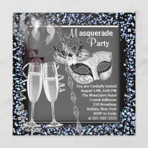 Invitación Fiesta de disfraz de plata confeti de champán