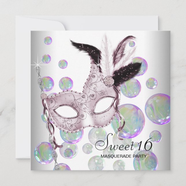 Invitación Fiesta de disfraz de Sweet Sixteen burbujas rosada (Anverso)