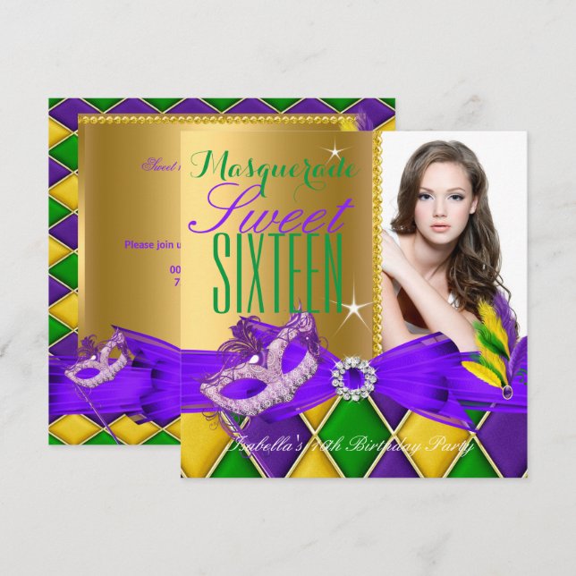 Invitación Fiesta de Disfraz Dulces 16 Morado Verde Dorado (Anverso / Reverso)