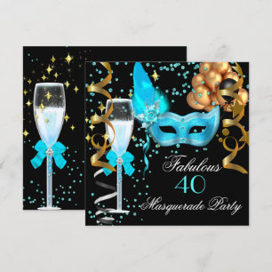 Invitación Fiesta de disfraz fabuloso azul turquesa dorado y 