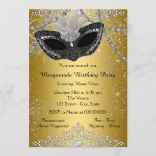 Invitación Fiesta de disfraz negro y dorado Pretty