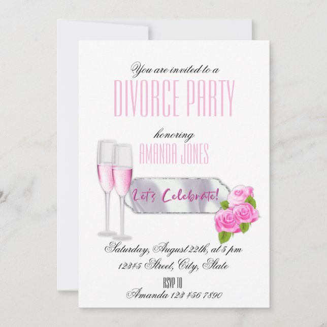 Invitación Fiesta de divorcio de champán elegante y rosa blan (Anverso)