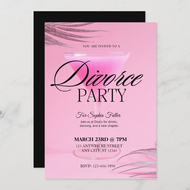 Invitación Fiesta de Divorcio de Vidrio de Martini Rosa (Anverso / Reverso)