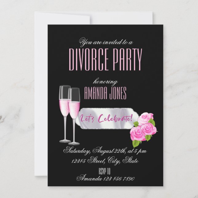 Invitación Fiesta de divorcio elegante rosa negro champán (Anverso)