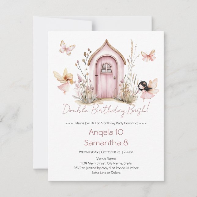 Invitación Fiesta de doble cumpleaños infantil de Hadas Rosas (Anverso)