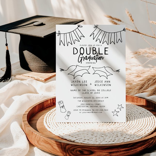 Invitación Fiesta de doble graduación de Doodle negro de moda (Subido por el creador)
