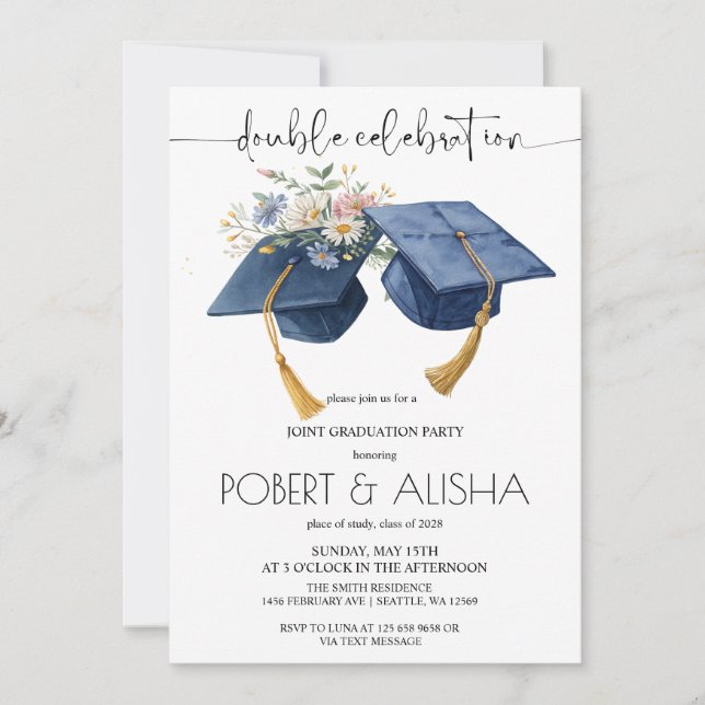 Invitación Fiesta de Doble Graduación de Flores en Acuarela (Anverso)