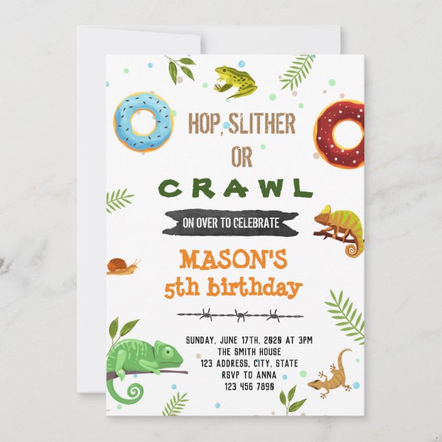 Invitación Fiesta de donut de niño y reptil (Anverso)