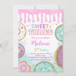 Invitación Fiesta de Donut Rosado en el tercer cumpleaños