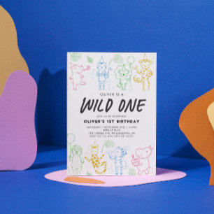 Invitación Fiesta de Doodle caprichoso Animales 1er cumpleaño