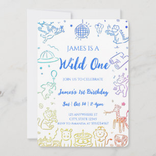 Invitación Fiesta de Doodle caprichoso Animales 1er cumpleaño