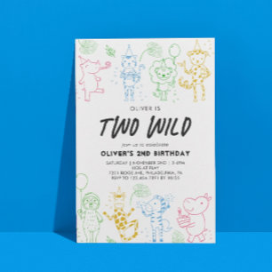 Invitación Fiesta de Doodle caprichoso Animales 2º cumpleaños