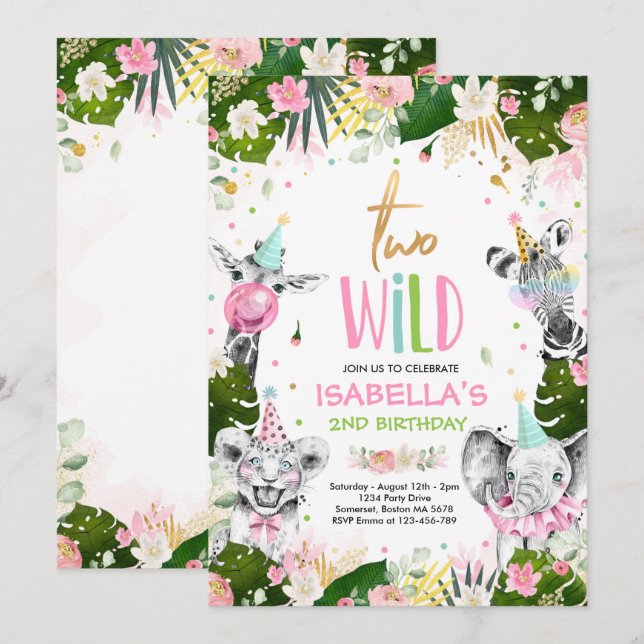 Invitación Fiesta de dos animales salvajes de la jungla de Sa (Anverso / Reverso)