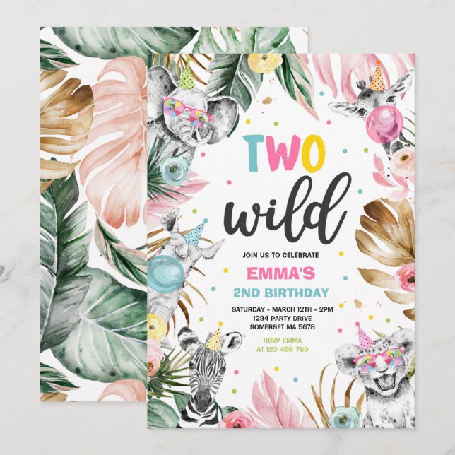 Invitación Fiesta de dos animales salvajes de la selva de saf (Anverso / Reverso)