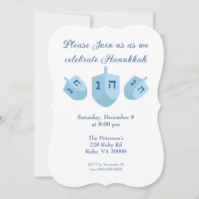 Invitación Fiesta de Dreidels de Hanukkah (Anverso)