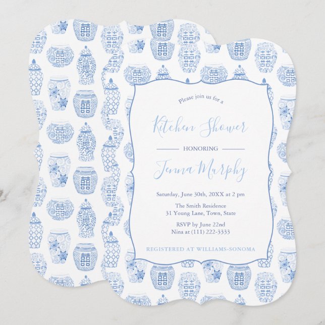 Invitación Fiesta De Ducha Bridal De Cocina Azul Y Blanca Clá (Anverso / Reverso)