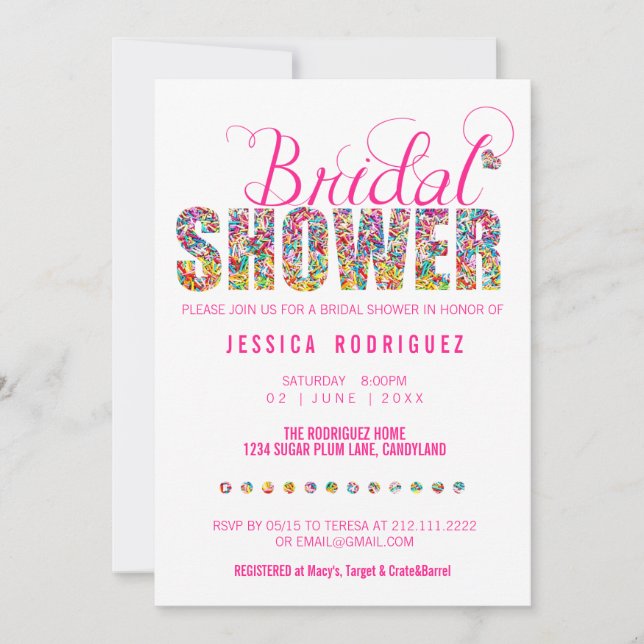 Invitación Fiesta de ducha BRIDAL Temática de Candy (Anverso)