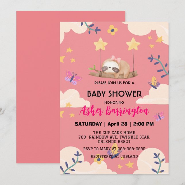 Invitación Fiesta de ducha de bebé con flor de mariposa (Anverso / Reverso)