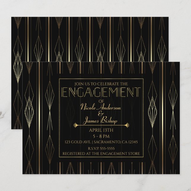 Invitación Fiesta De Ducha De Compromiso De Arte Negro Y Oro (Anverso / Reverso)