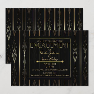 Invitación Fiesta de ducha de compromiso negro y oro Art Deco