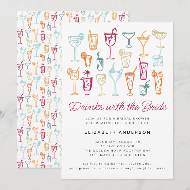 Invitación Fiesta de ducha de novia con cóctel de mano divert (Anverso / Reverso)