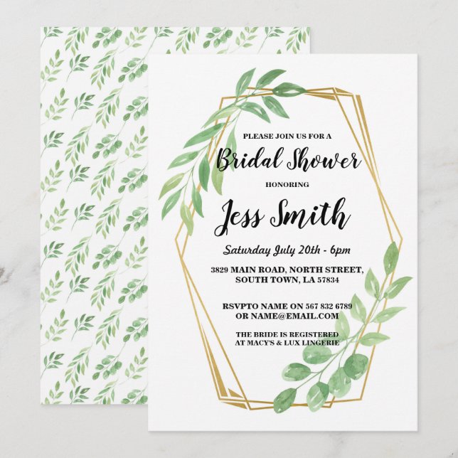 Invitación Fiesta de ducha de novia con marco dorado invita (Anverso / Reverso)