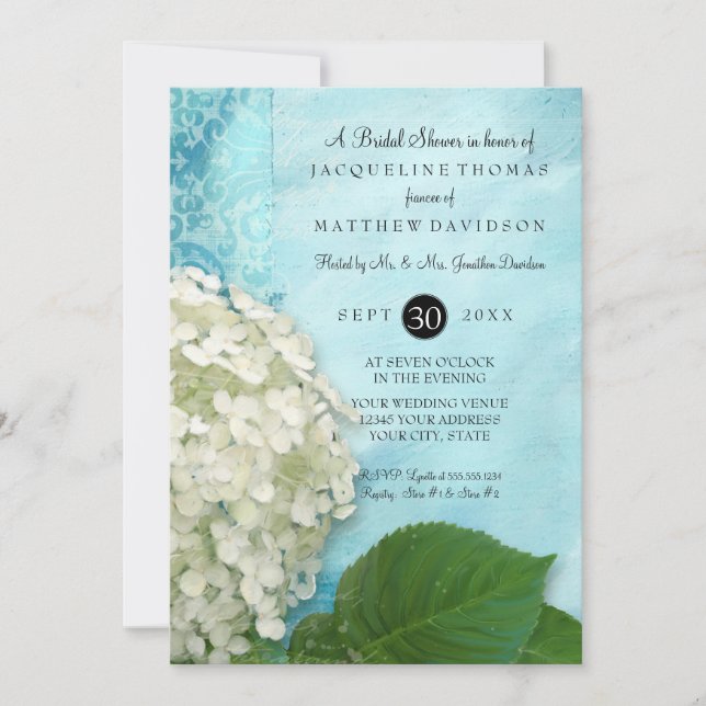 Invitación Fiesta de ducha de novia Damask Hydrangea blanca F (Anverso)