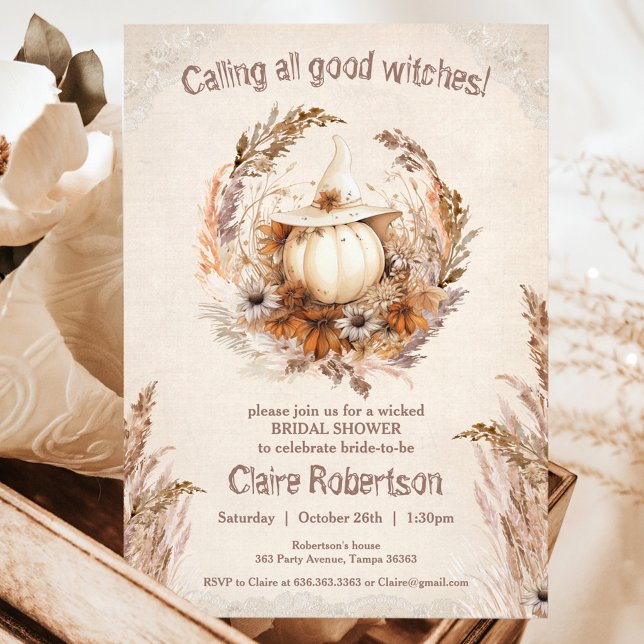Invitación Fiesta de ducha de novia de Halloween con calabaza (Good Witch Pumpkin Halloween Boho Bridal Shower Invitation)
