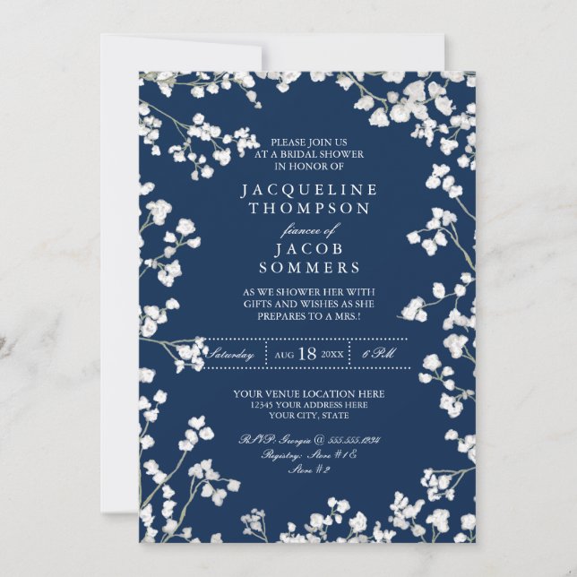 Invitación Fiesta de ducha de novia flor de aliento del bebé (Anverso)